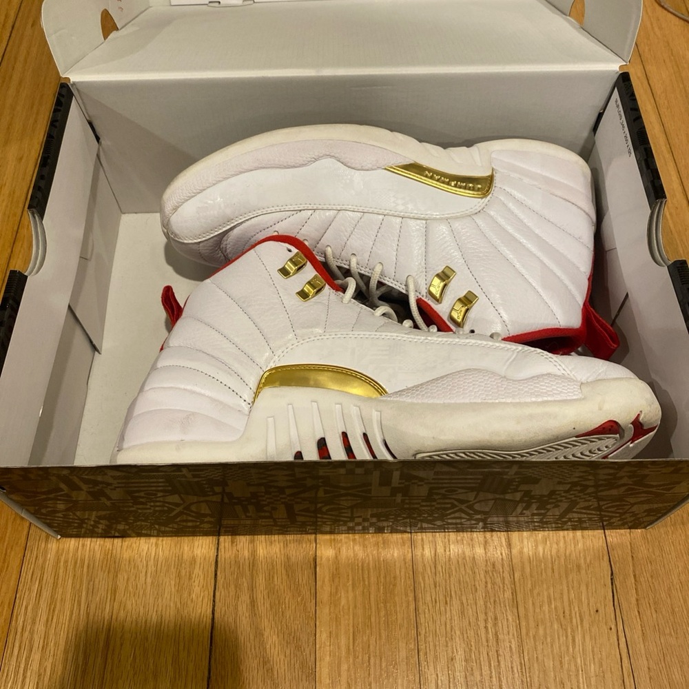 Jordan White and Red Sneakers with Gold Highlights